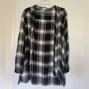 Dark Green and White Long Button Down Plaid Shirt